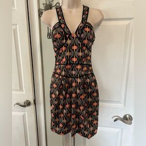 French Connection Bustier Dress Sz Small Black Boho Print Anthro Inspired